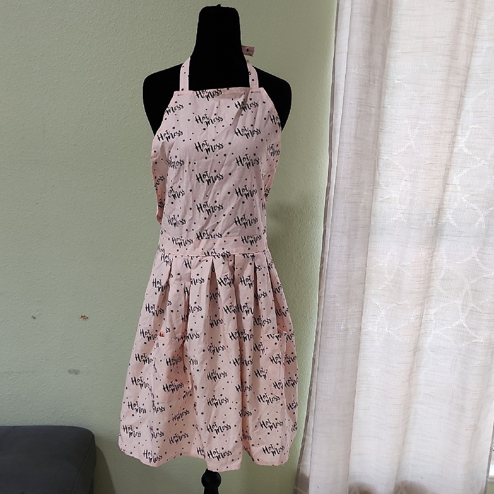 NWOT Deborah Connolly Pink Apron with Black Script